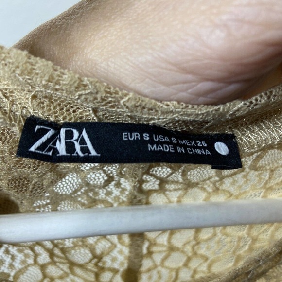 Zara Tan Lace Puff Shoulder Blouse Sz S - Picture 8 of 8